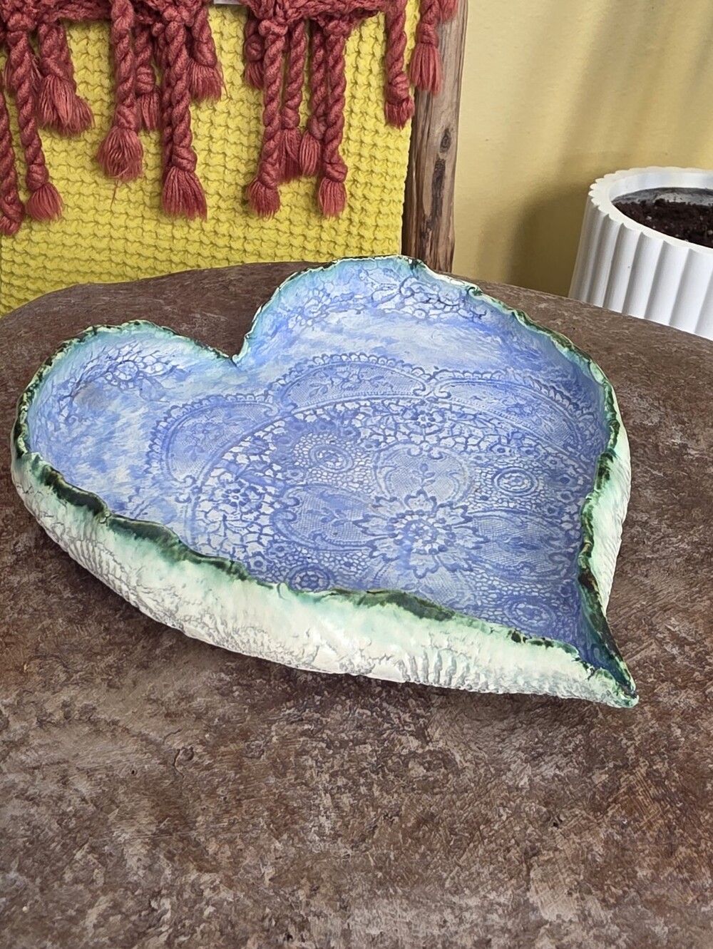 Sugarboo Designs Heart Shaped Ceramic Bowl Blue Lace Doily Made in USA